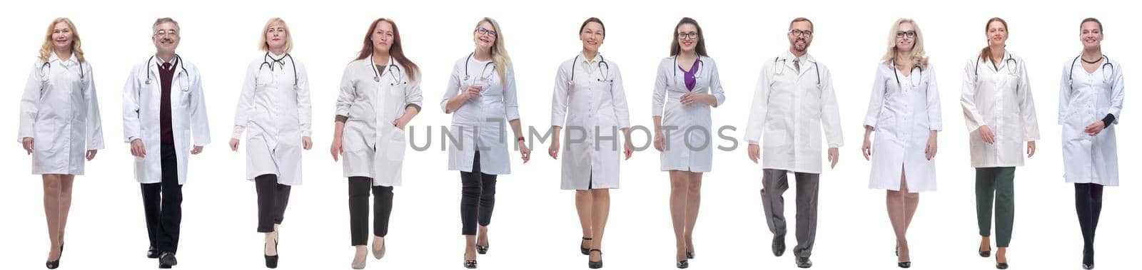 group of doctors in motion isolated on white background