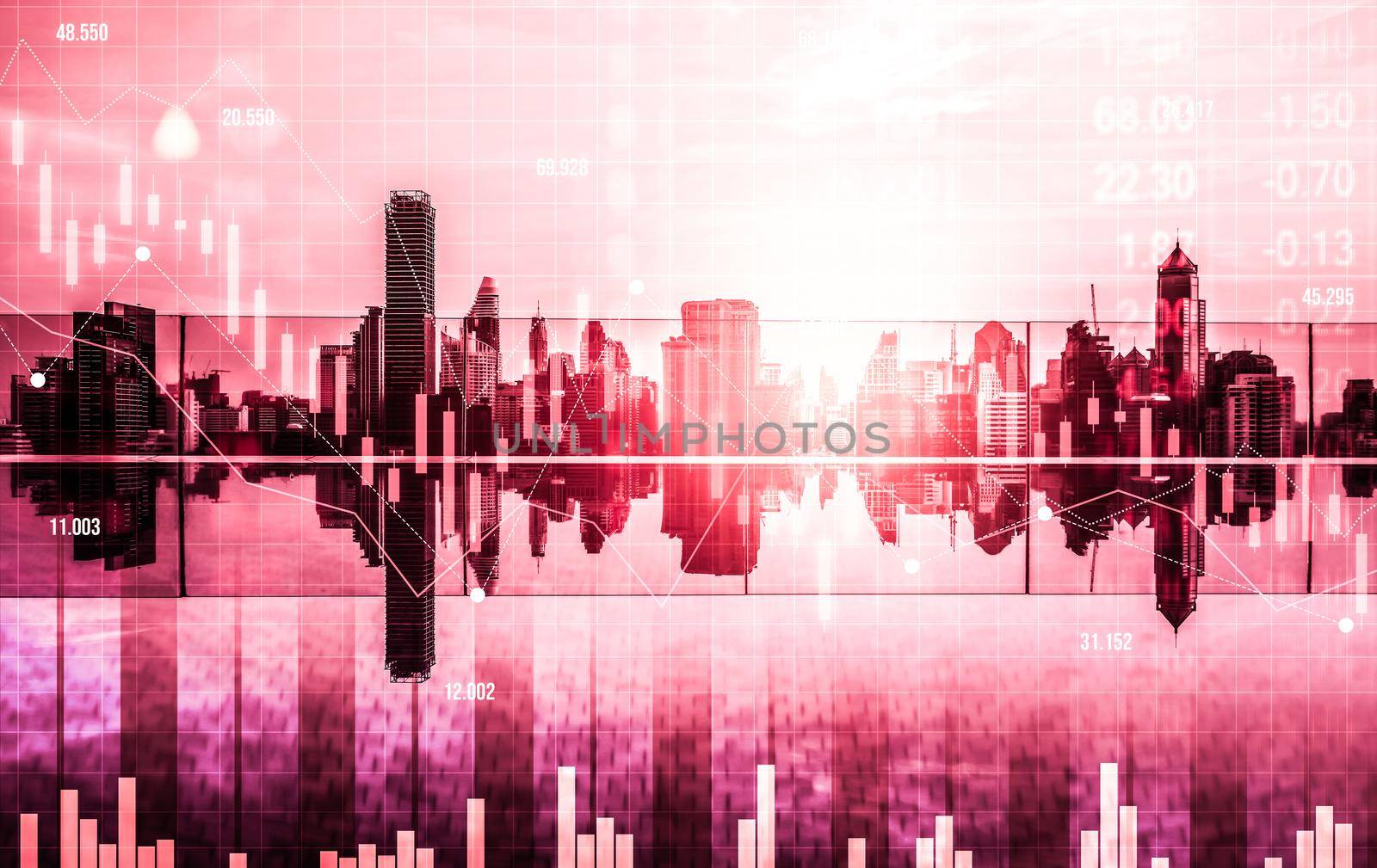 Stock market crash, declined economic, graph falling down and digital indicators overlaps modernistic city. Double exposure.