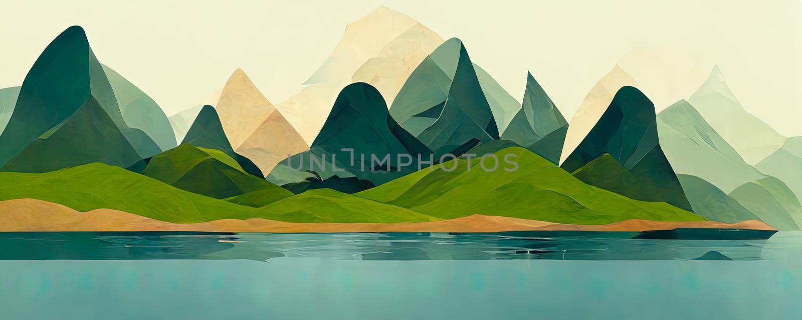 landscape of mountains on the background of the lake, Colorful abstract wallpaper texture background illustration by TRMK