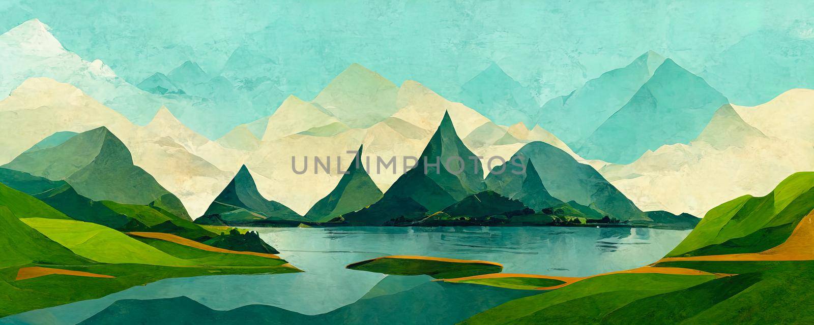 Colorful abstract wallpaper texture background illustration, landscape green hills mountains and sea by TRMK