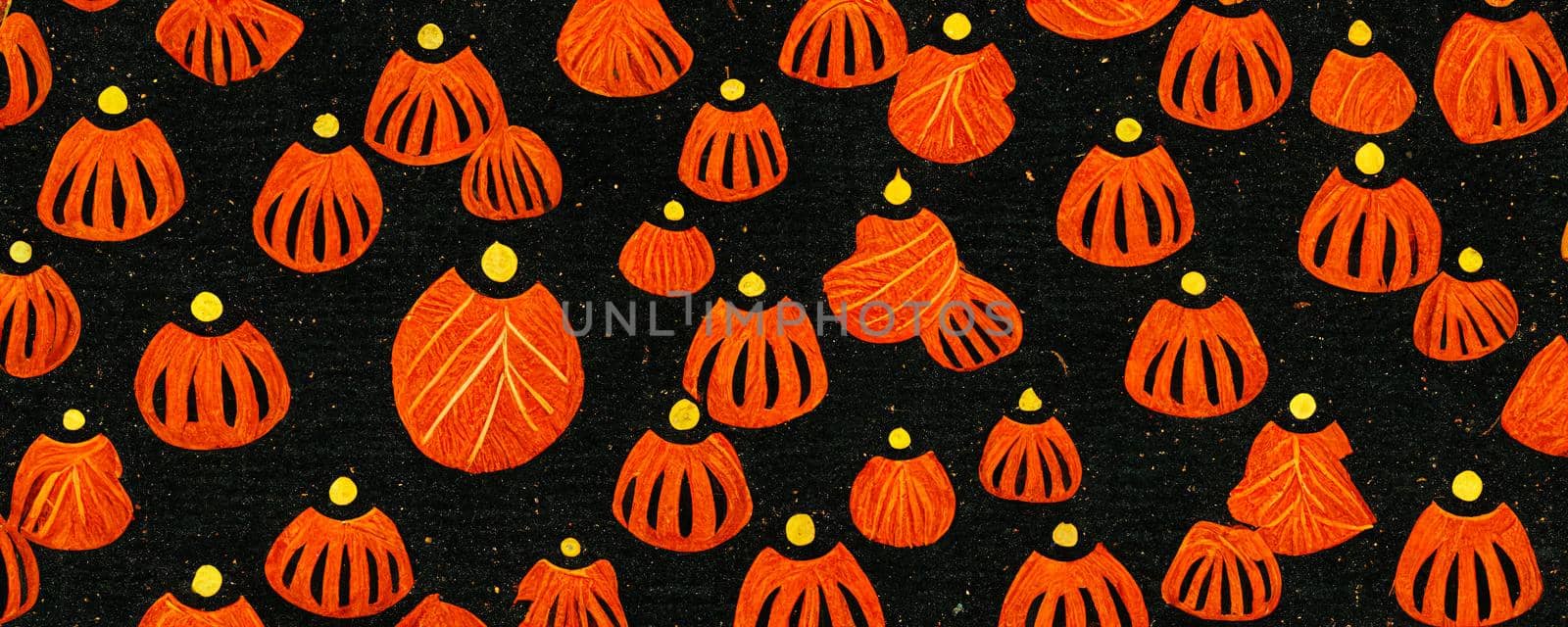 abstract illustration on the theme of Halloween with orange pumpkins on a black background.