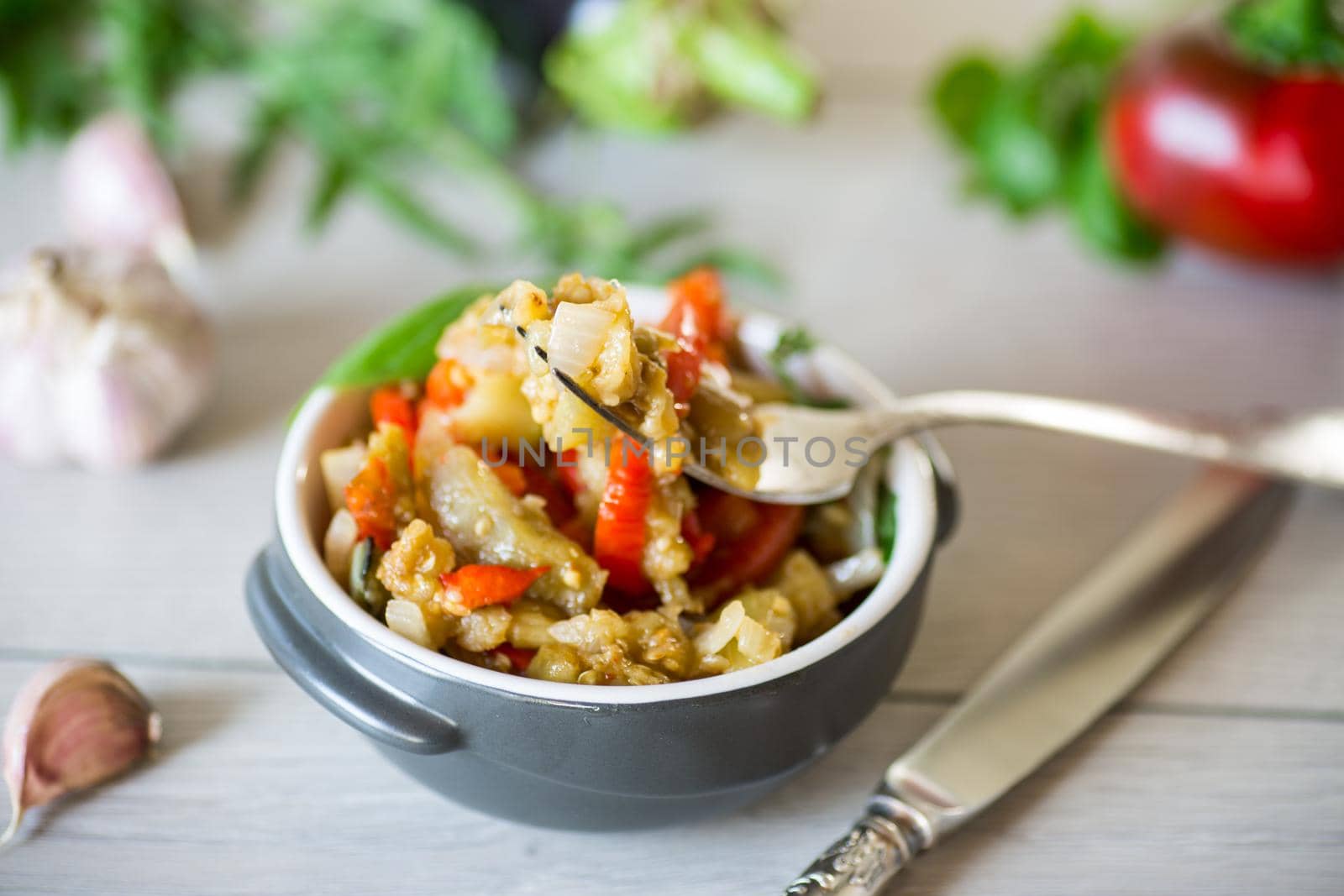 eggplant fried sauteed with other vegetables in a plate on a wooden table