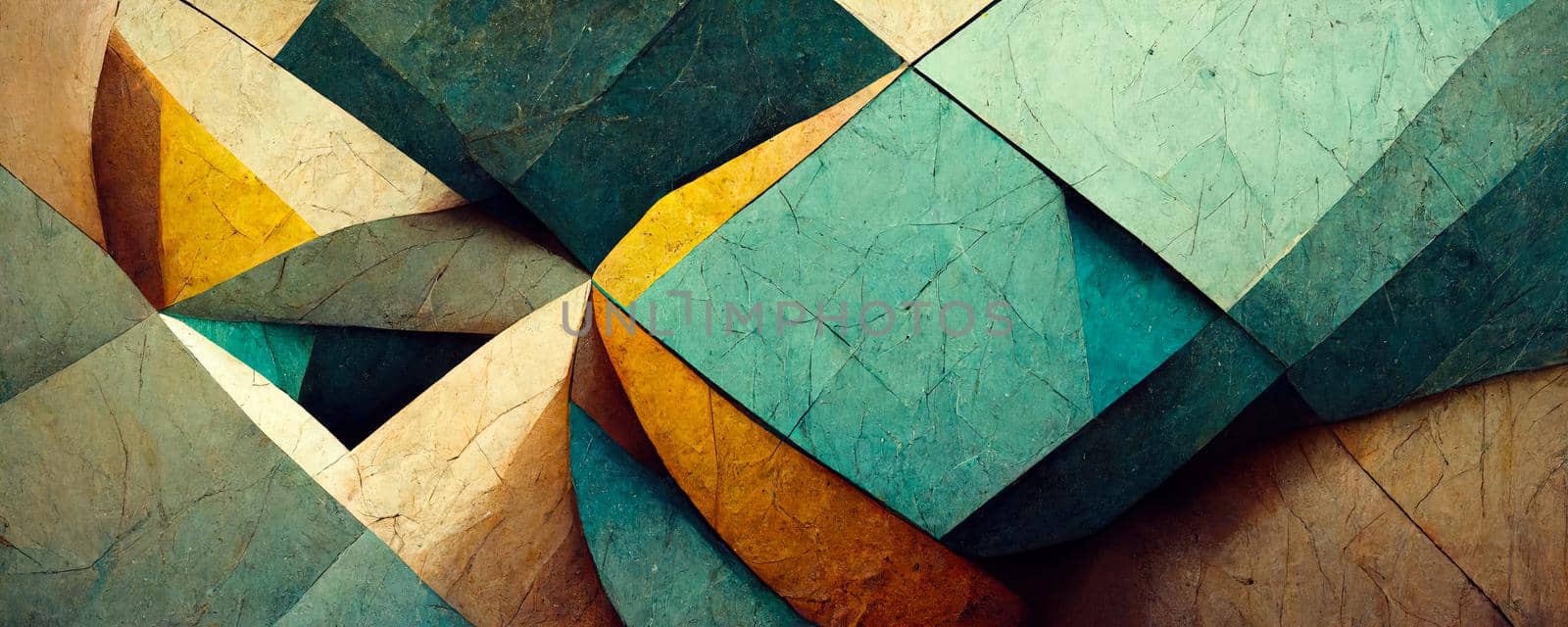 geometric background with polygons in turquoise and gold hues.