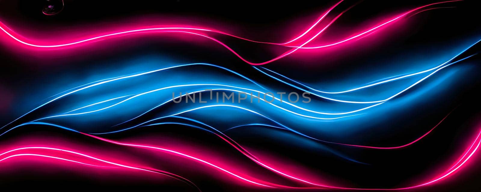 abstract neon waves on a black background in pink and blue.