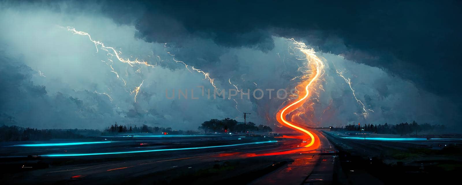 abstract illustration of huge lightning in the night sky Over the road during the rain by TRMK