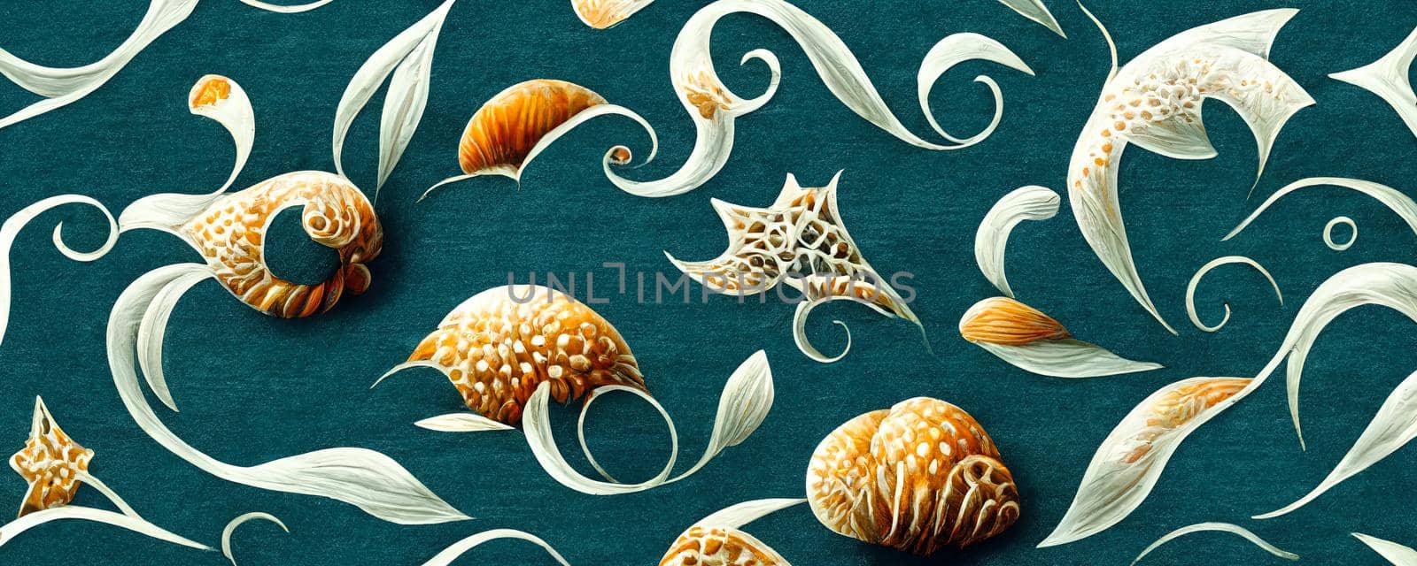 drawing on fabric on a marine theme with shells and waves.