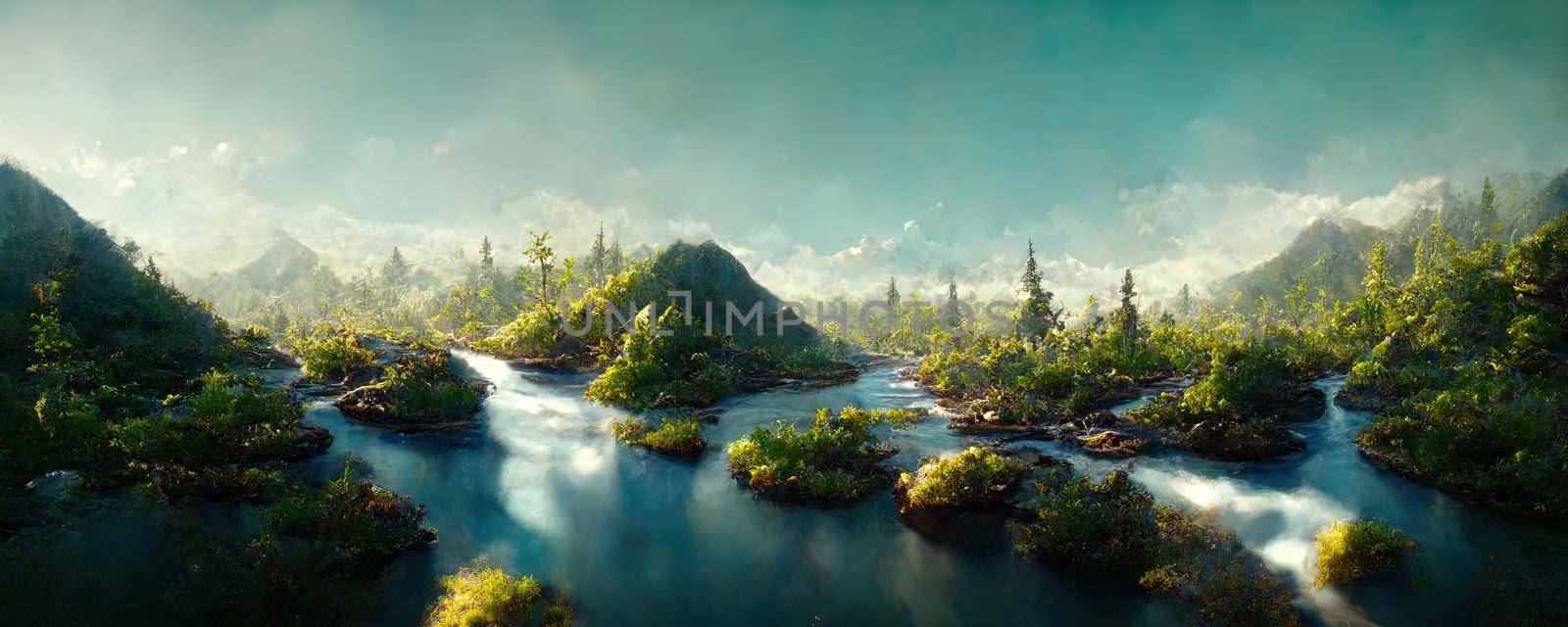 fantastic fabulous landscape of mountains and rivers flowing between them by TRMK