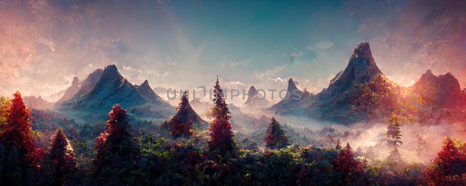 Magic fairy tale landscape of mountains in lilac fog.