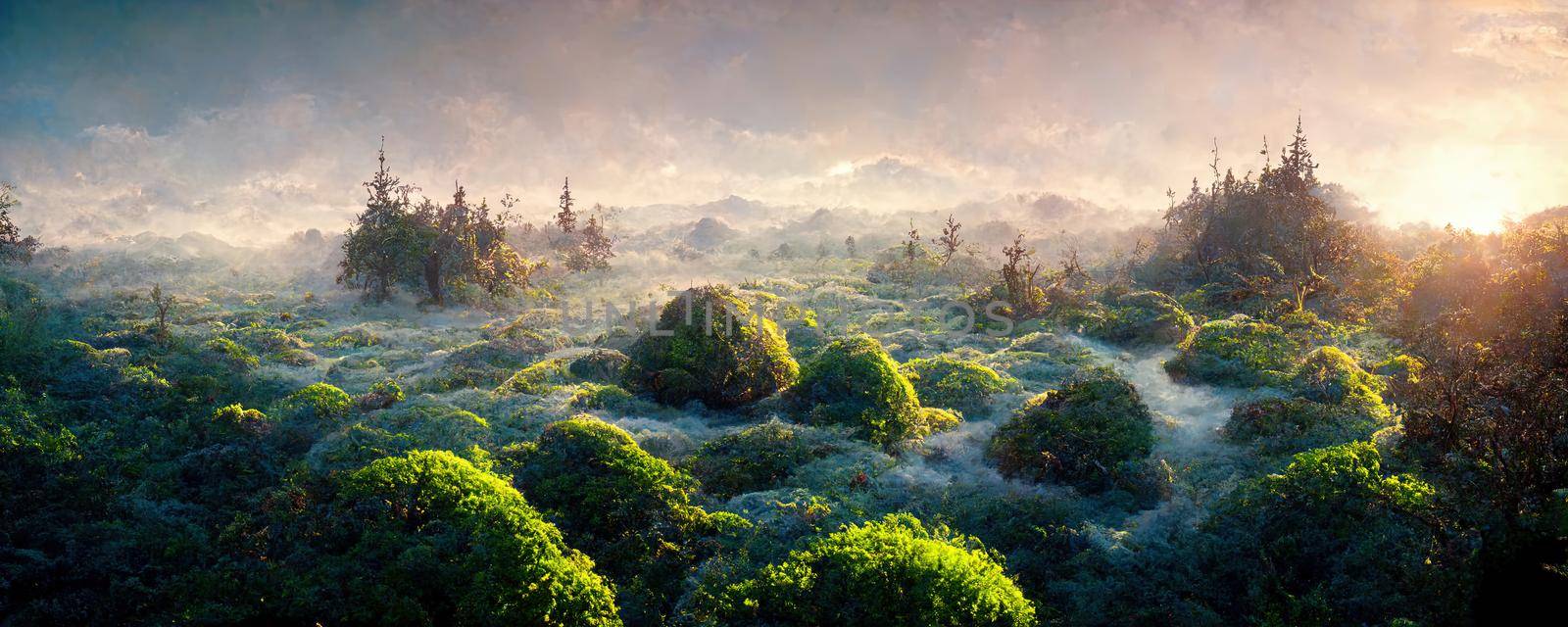 landscape of fabulous mystical swamp with fog at sunset.