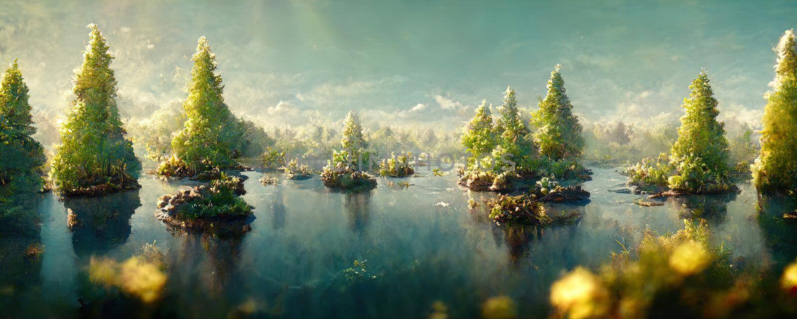 Magic flooded fantasy forest with big lake green trees.
