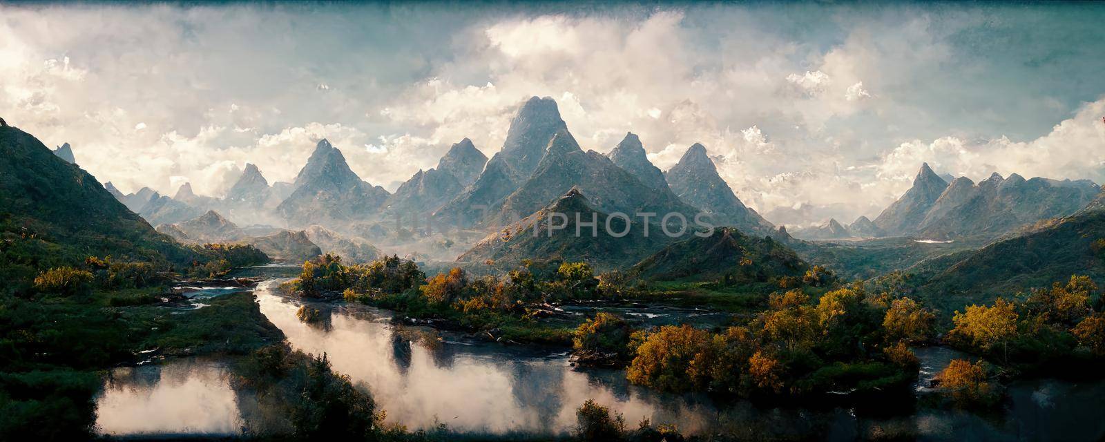 fairy tale valley in fantasy style with a wide river and mountains by TRMK