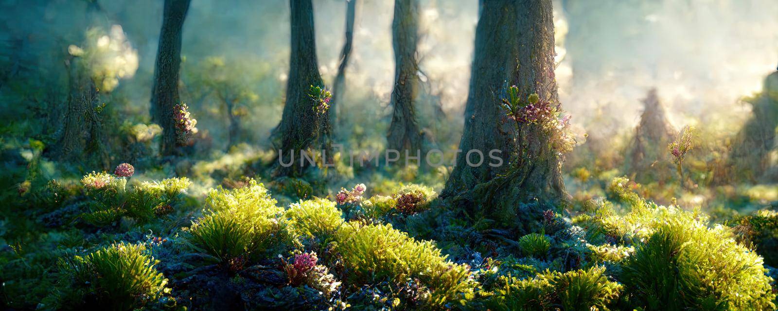 fantasy forest landscape with moss and trees.