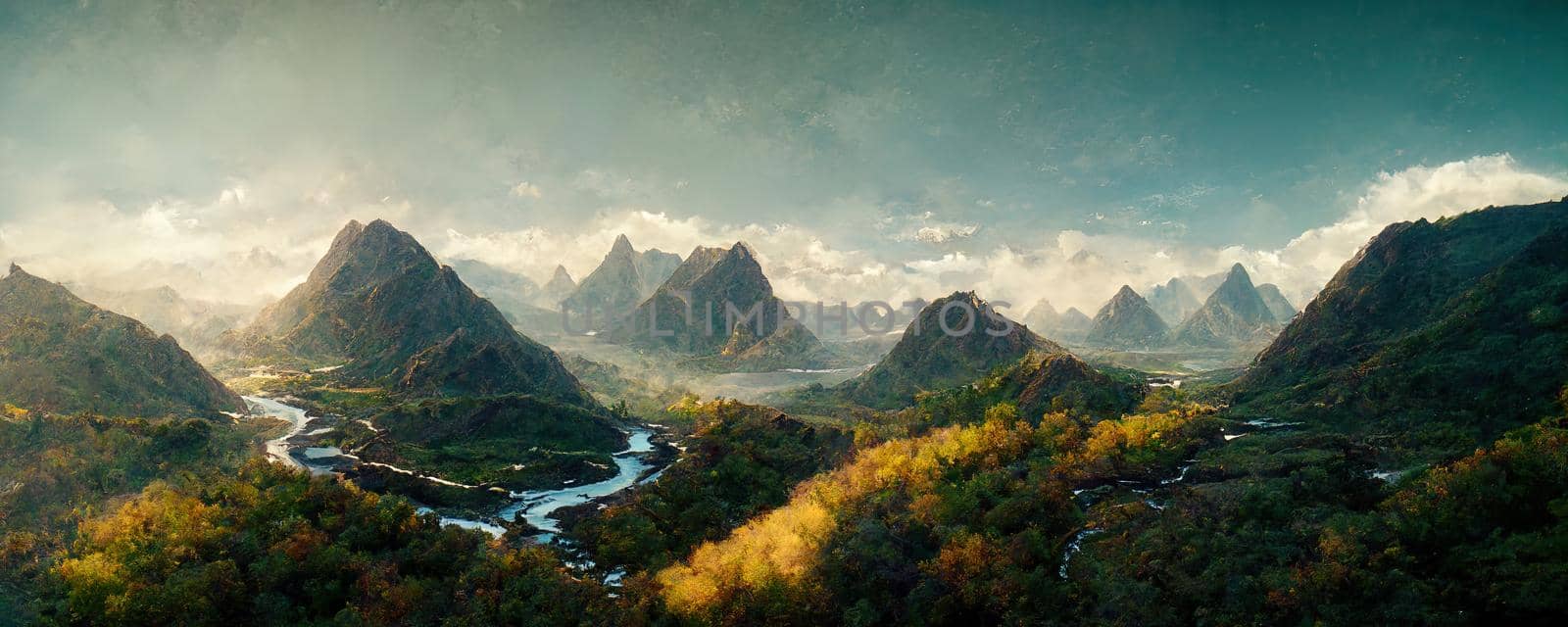 Fantasy Valley With rivers and mountains rising between them by TRMK