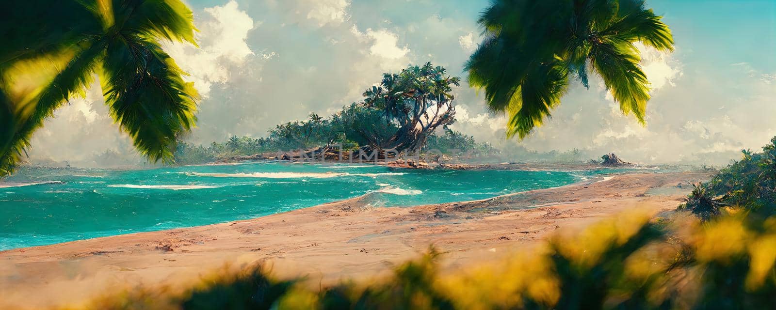illustrative image of a wild beach with palm trees, an azure sea and a sandy spit by TRMK