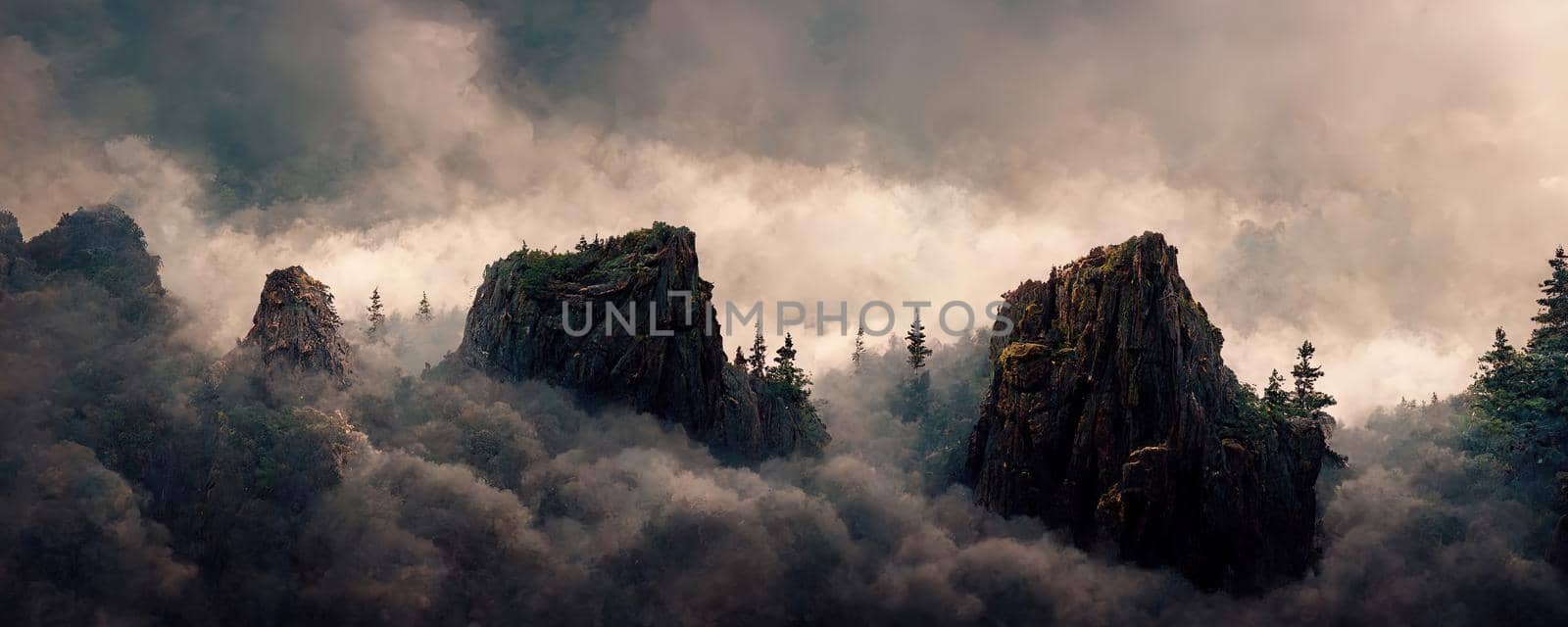 highland landscape with fog and mystical mountain peaks.