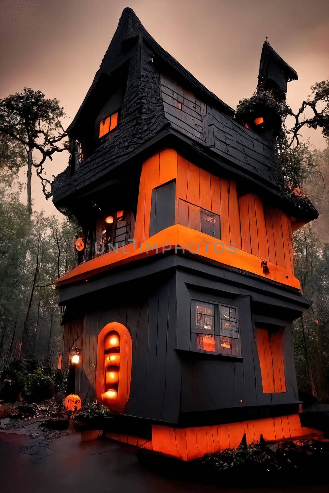 Black and orange house with Halloween theme, 3d illustration