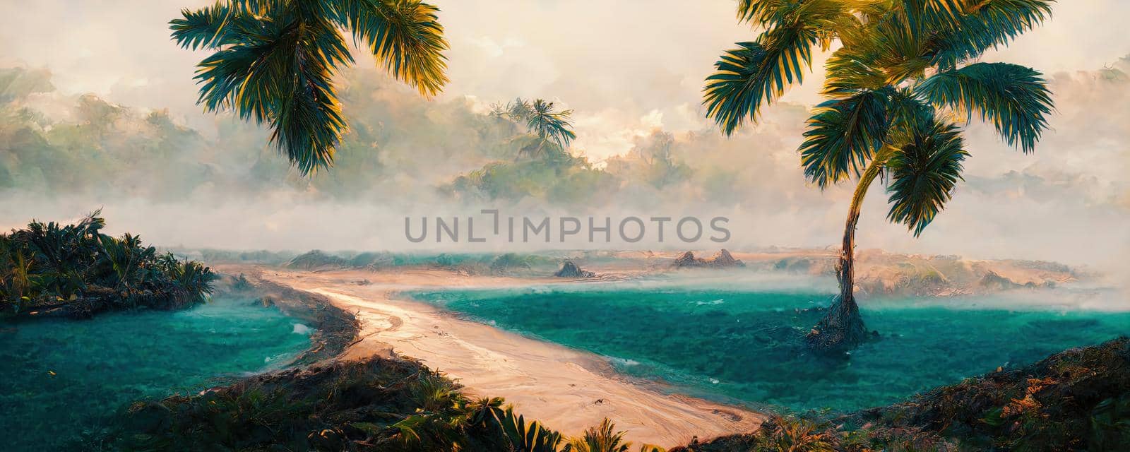 fantastic wild abandoned beach with azure sea and green palm trees.