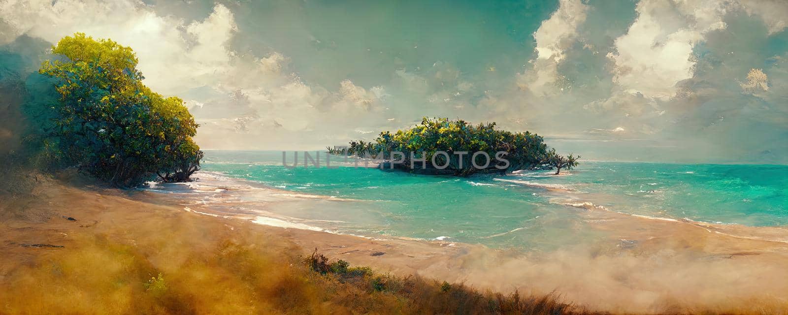 landscape of an exotic wild beach with white sand and an azure sea on a sunny day.