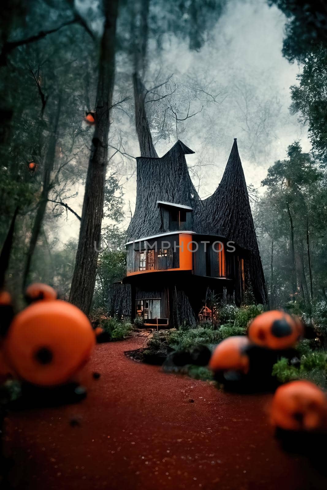 Black and orange house with Halloween theme, 3d illustration