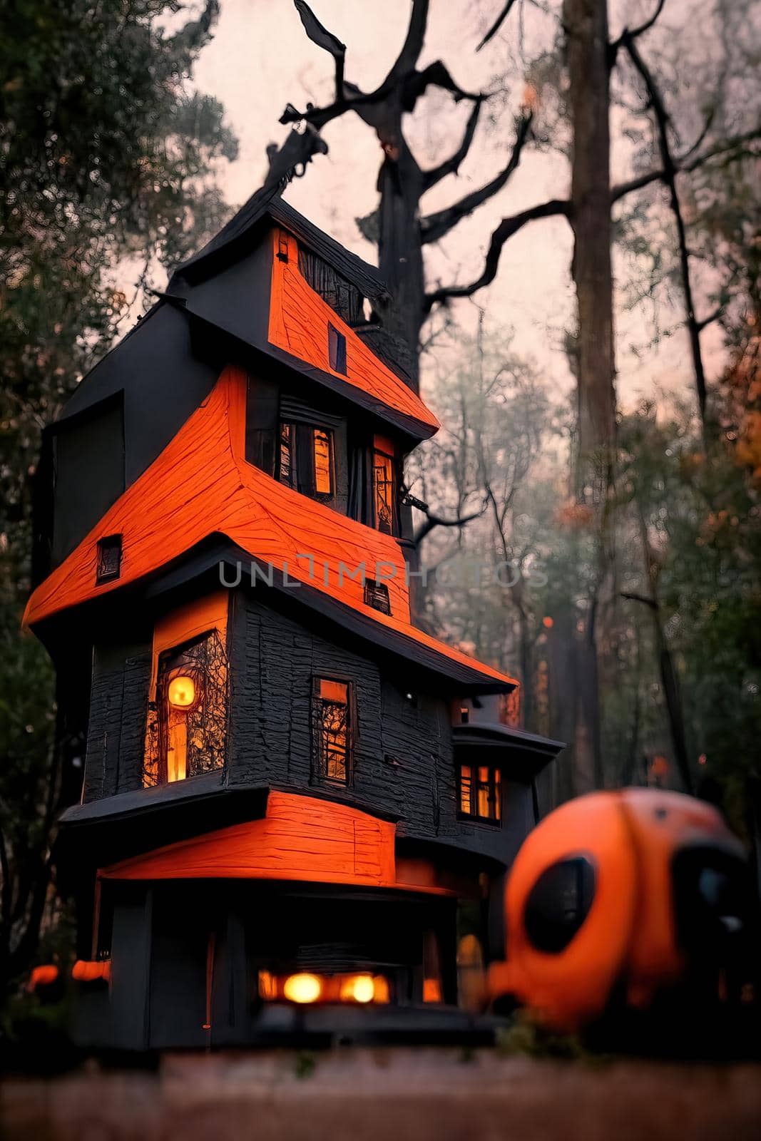 Black and orange house with Halloween theme, 3d illustration