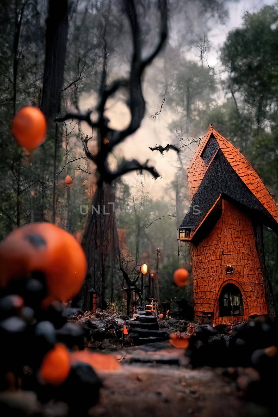 Black and orange house with Halloween theme, 3d illustration