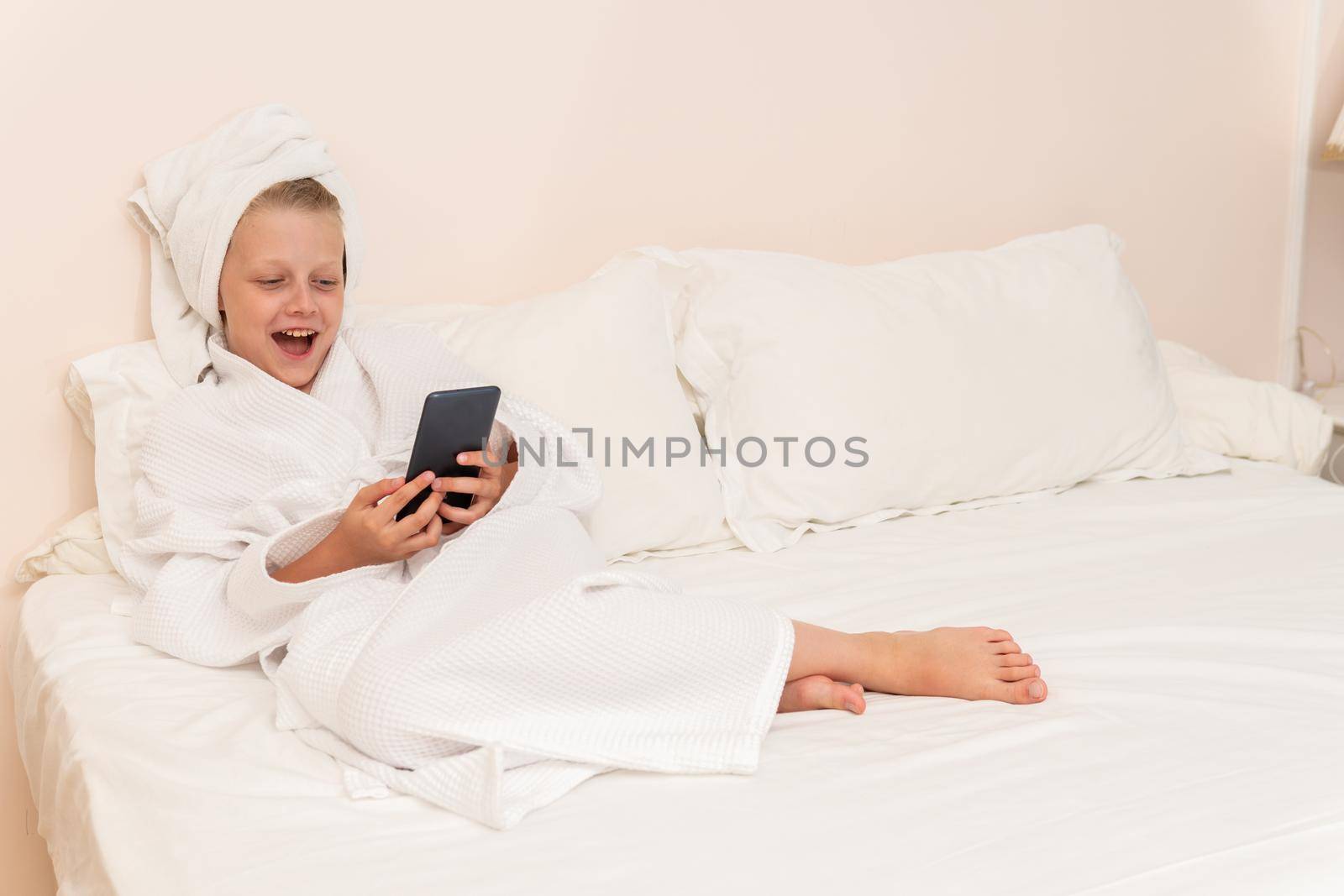 Copyspace portrait white cell bathrobe girl cute hygiene morning woman, concept pretty shower for beautiful and caucasian pirate, baby face. Hair funny fashion,