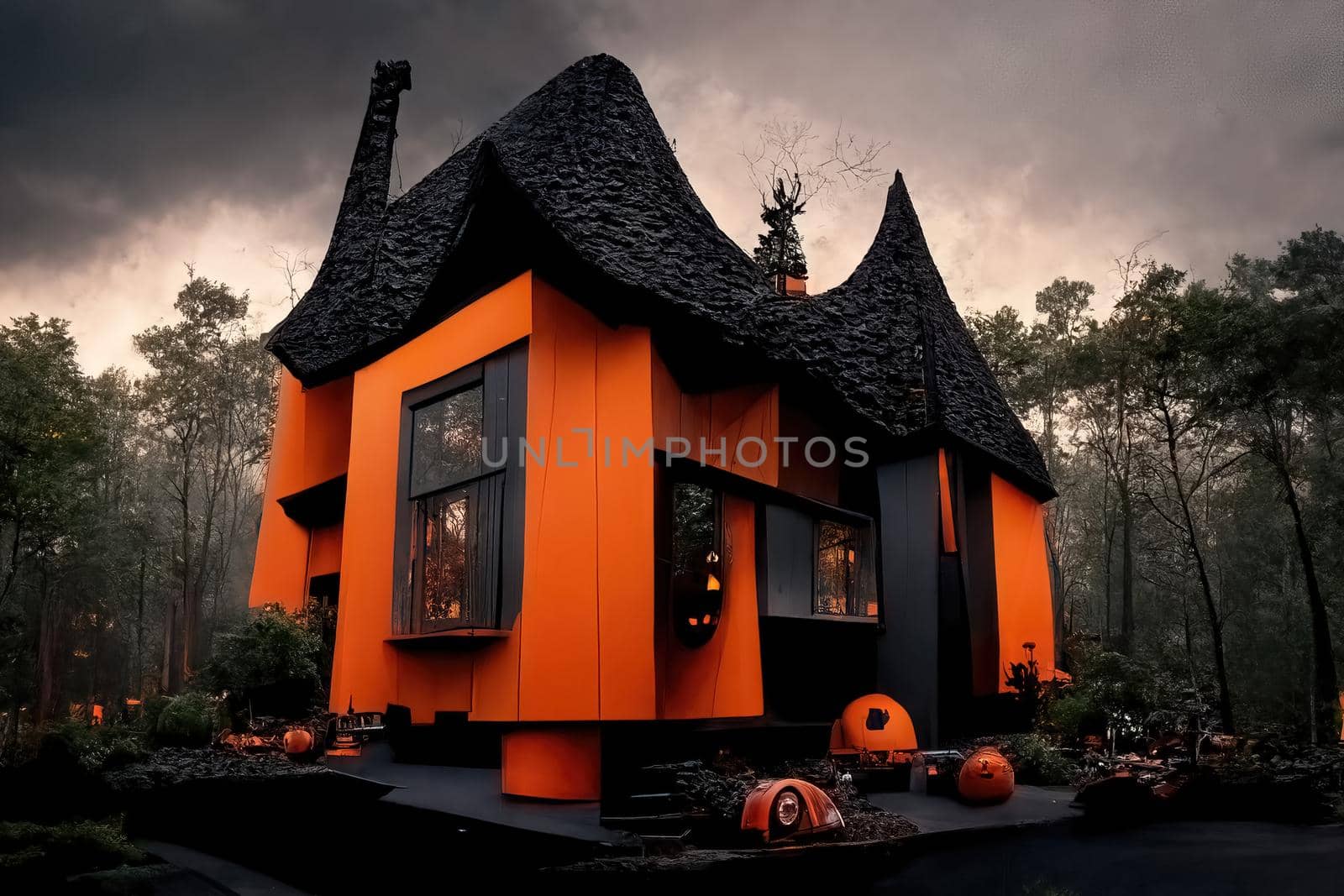 Black and orange house with Halloween theme, 3d illustration