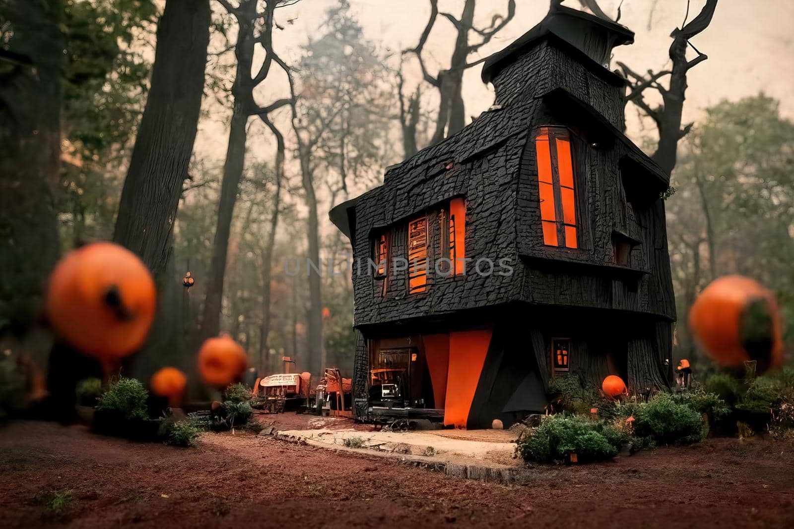 Black and orange house with Halloween theme, 3d illustration