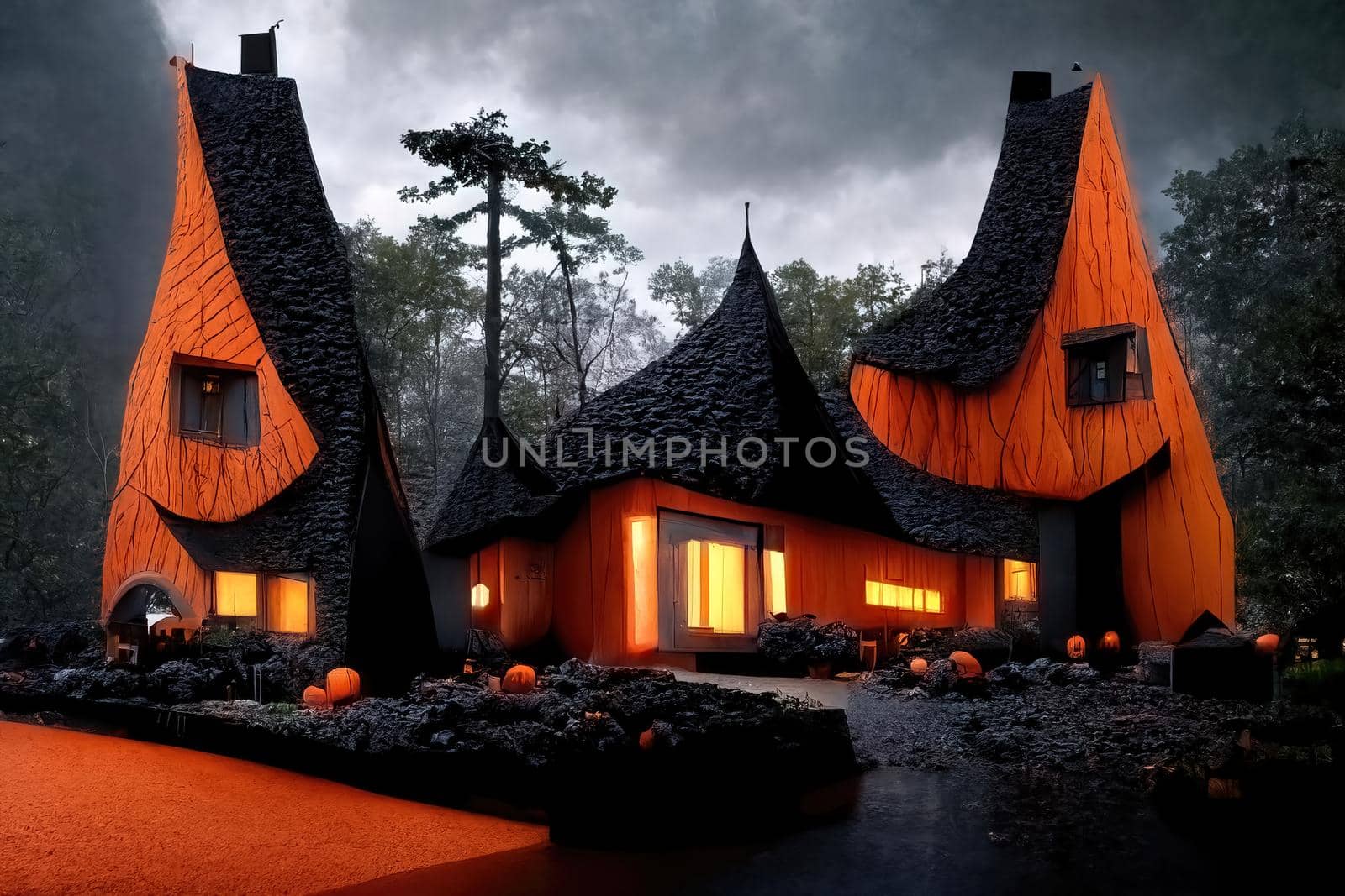 Black and orange house with Halloween theme, 3d illustration