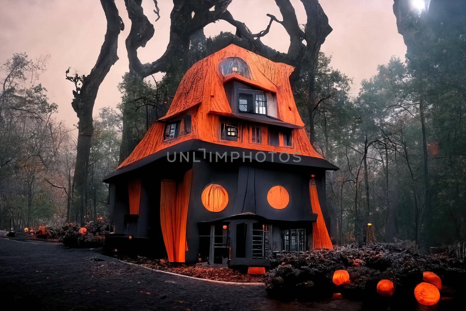 Black and orange house with Halloween theme, 3d illustration