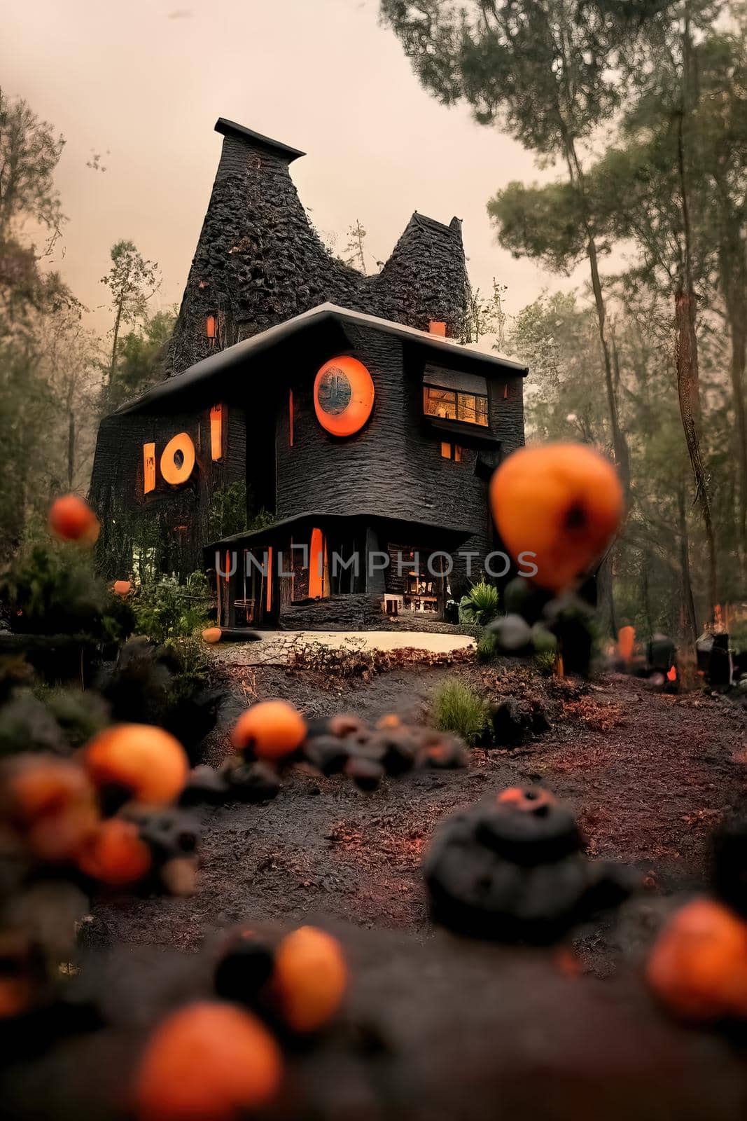 Black and orange house with Halloween theme, 3d illustration