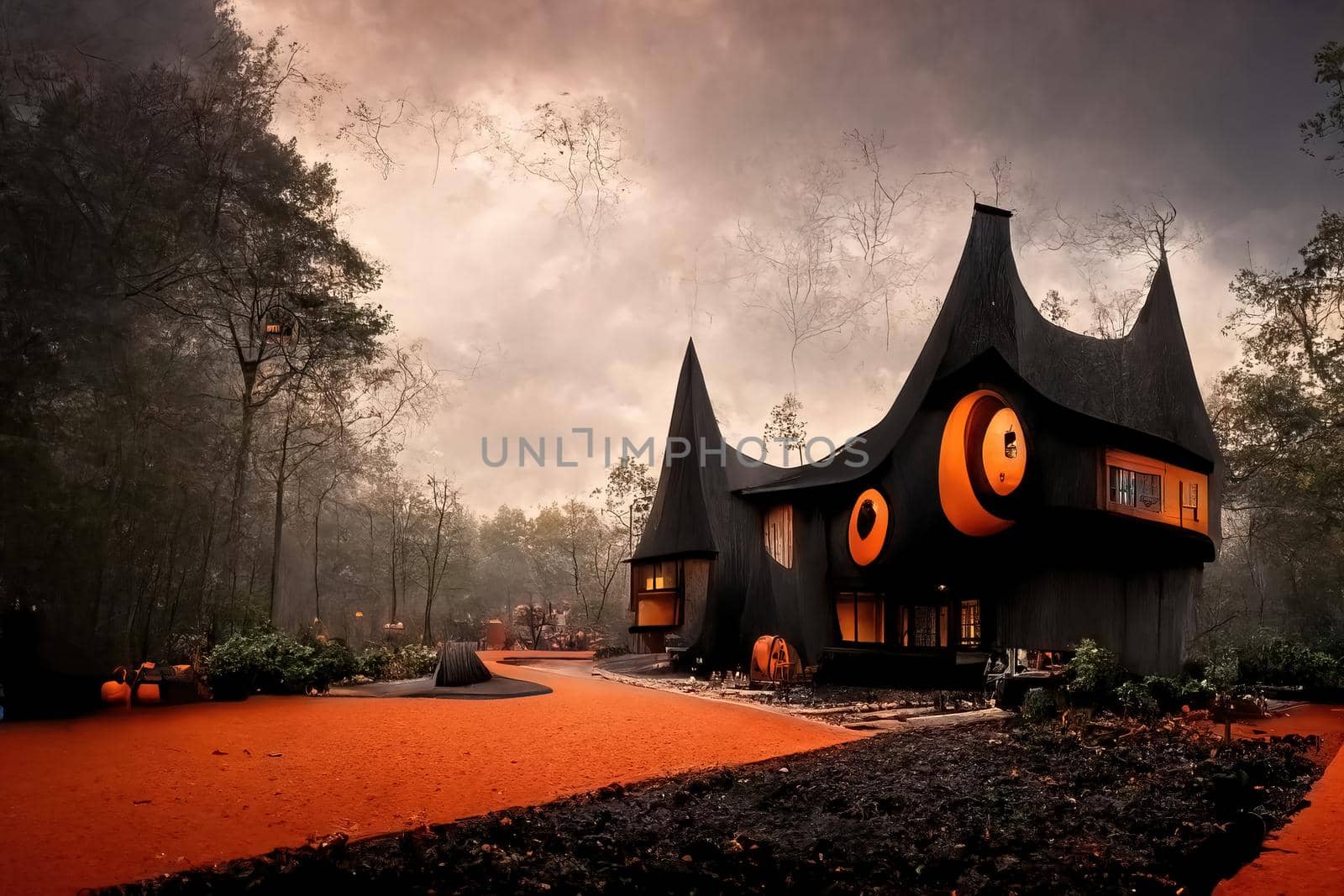 Black and orange house with Halloween theme, 3d illustration