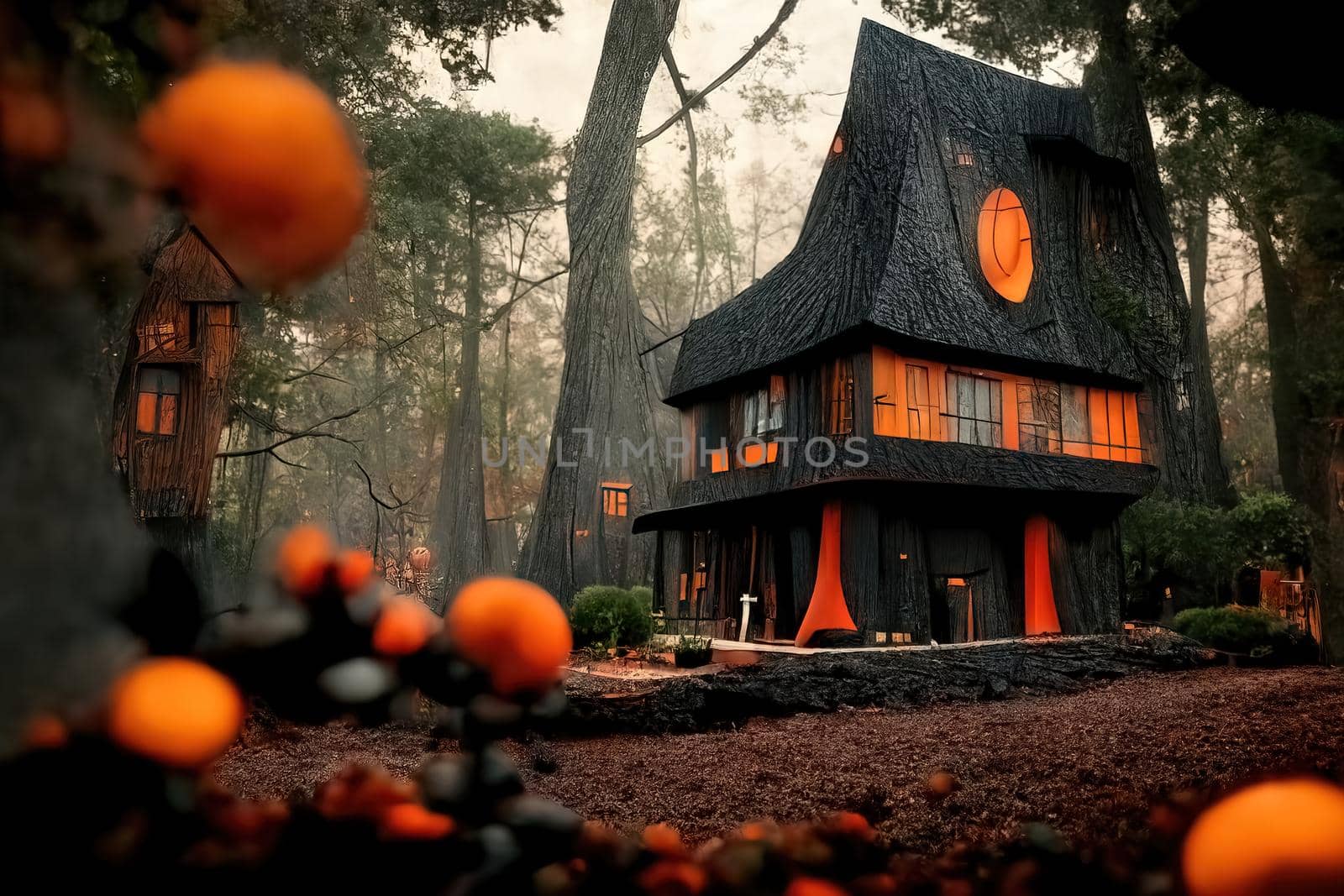 Black and orange house with Halloween theme, 3d illustration