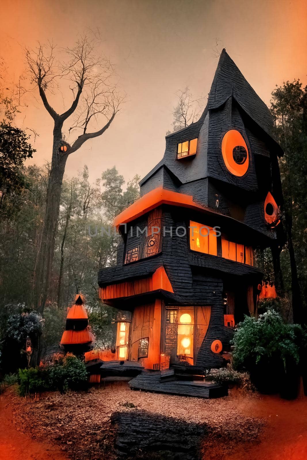 Black and orange house with Halloween theme, 3d illustration