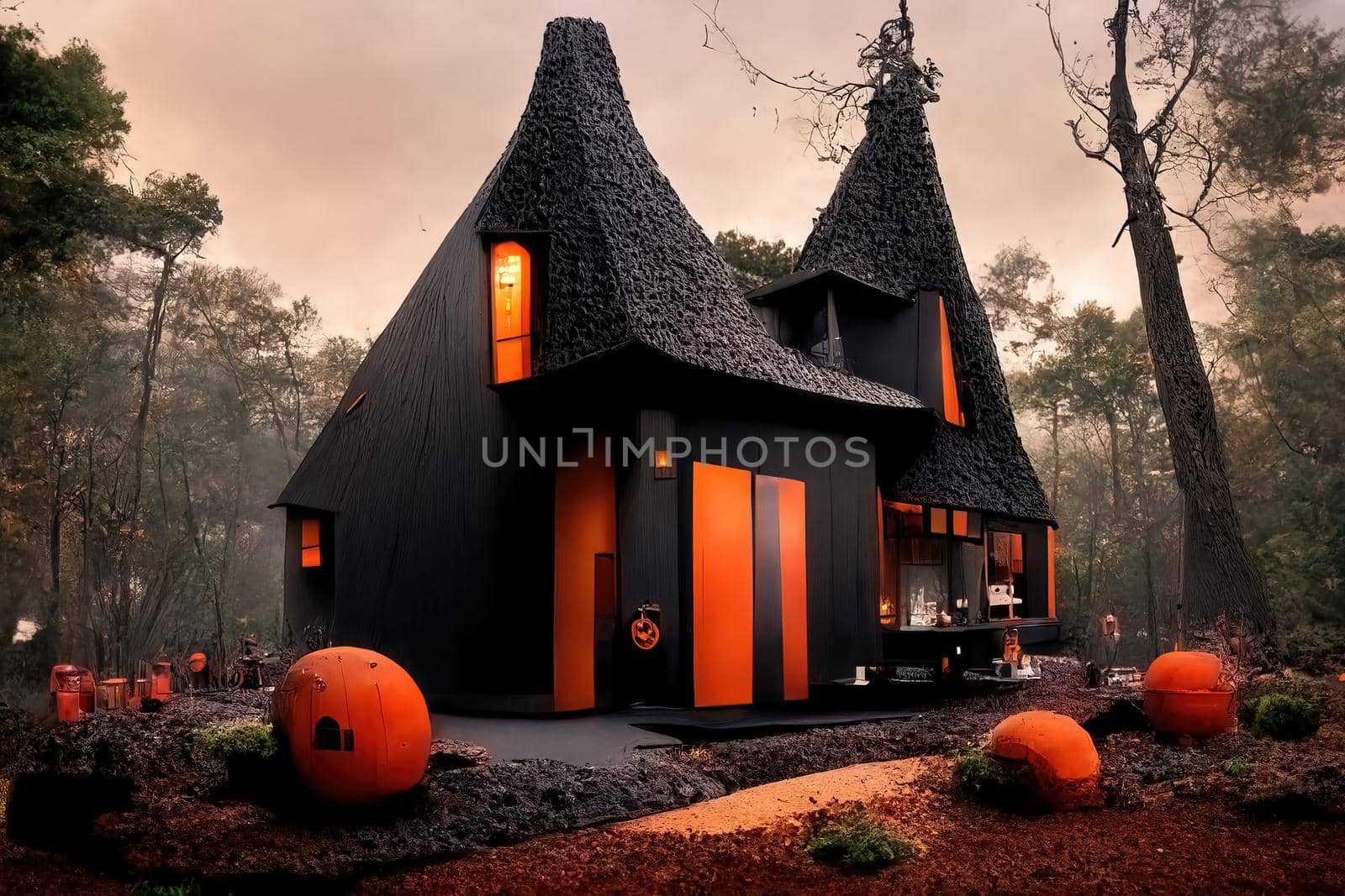 Black and orange house with Halloween theme, 3d illustration