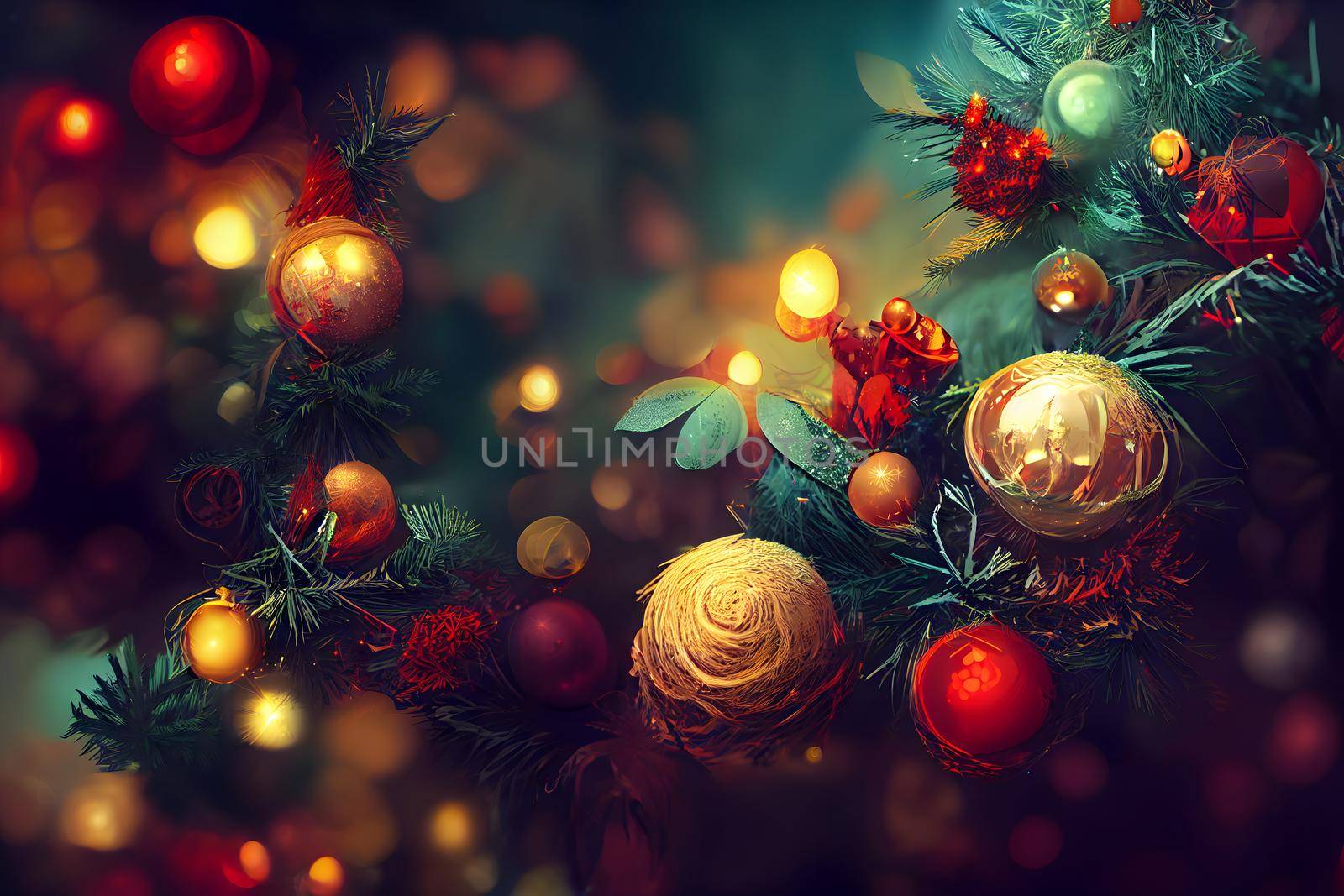 closeup view of decorated christmas spruce tree with hanging spherical toys, neural network generated art by z1b