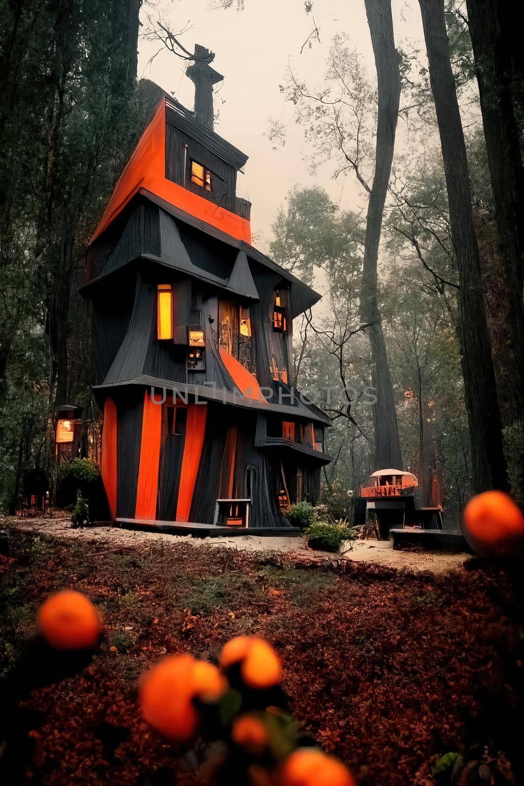 Black and orange house with Halloween theme, 3d illustration
