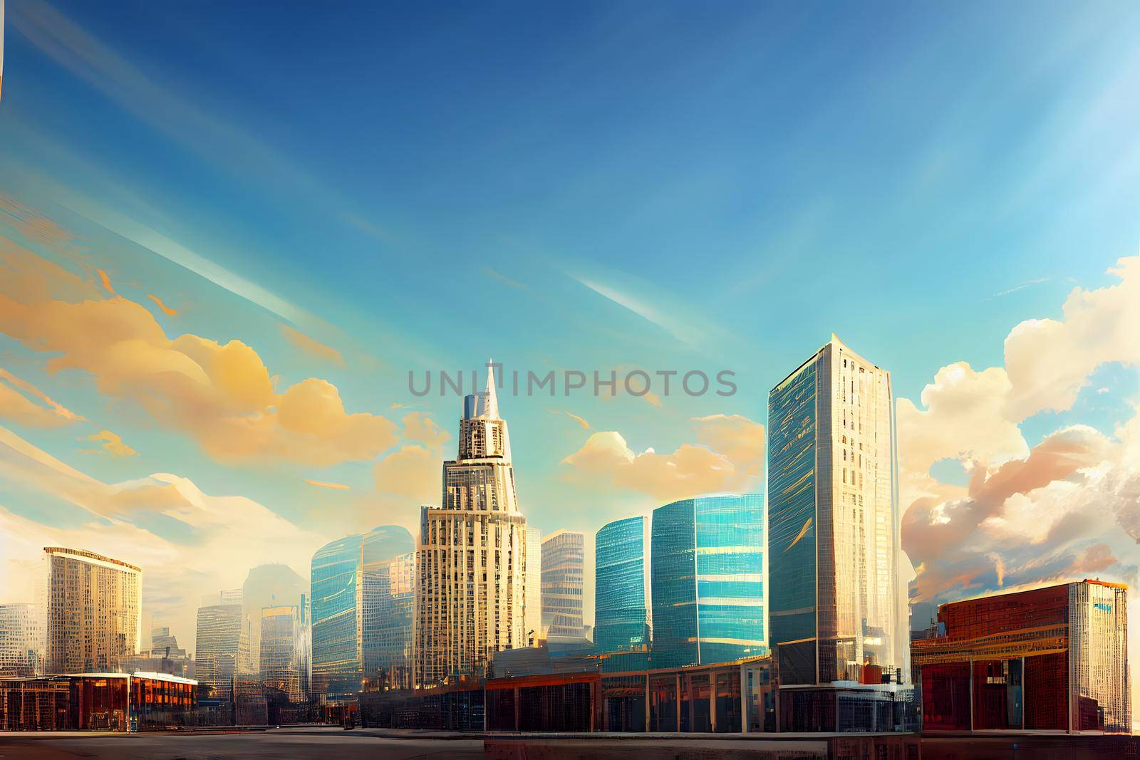 abstract contemporary western downtown cityscape at sunny morning with modern skyscrapers, neural network generated art. Digitally generated image. Not based on any actual scene or pattern.