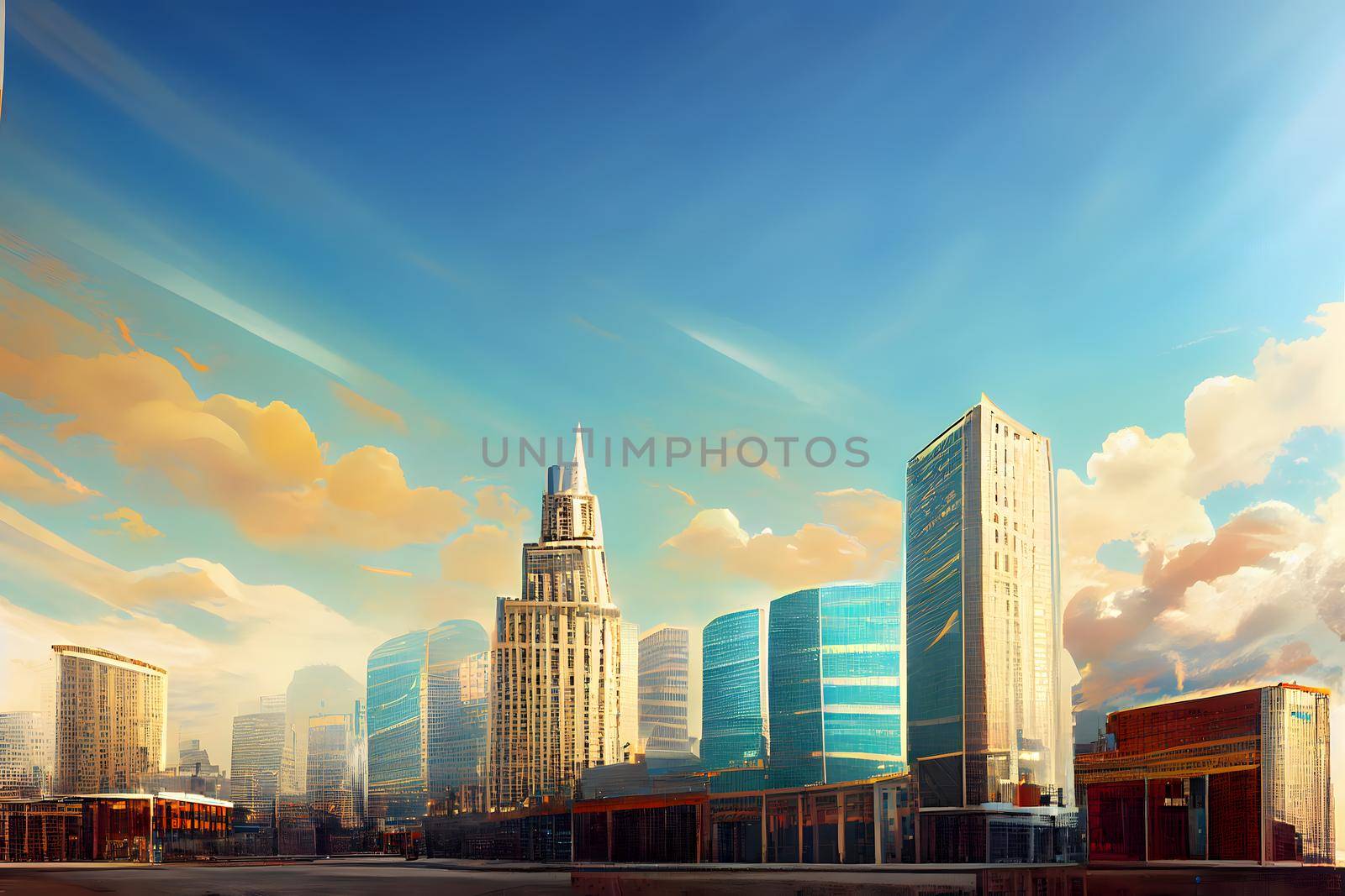 abstract contemporary western downtown cityscape at sunny morning with modern skyscrapers, neural network generated art by z1b