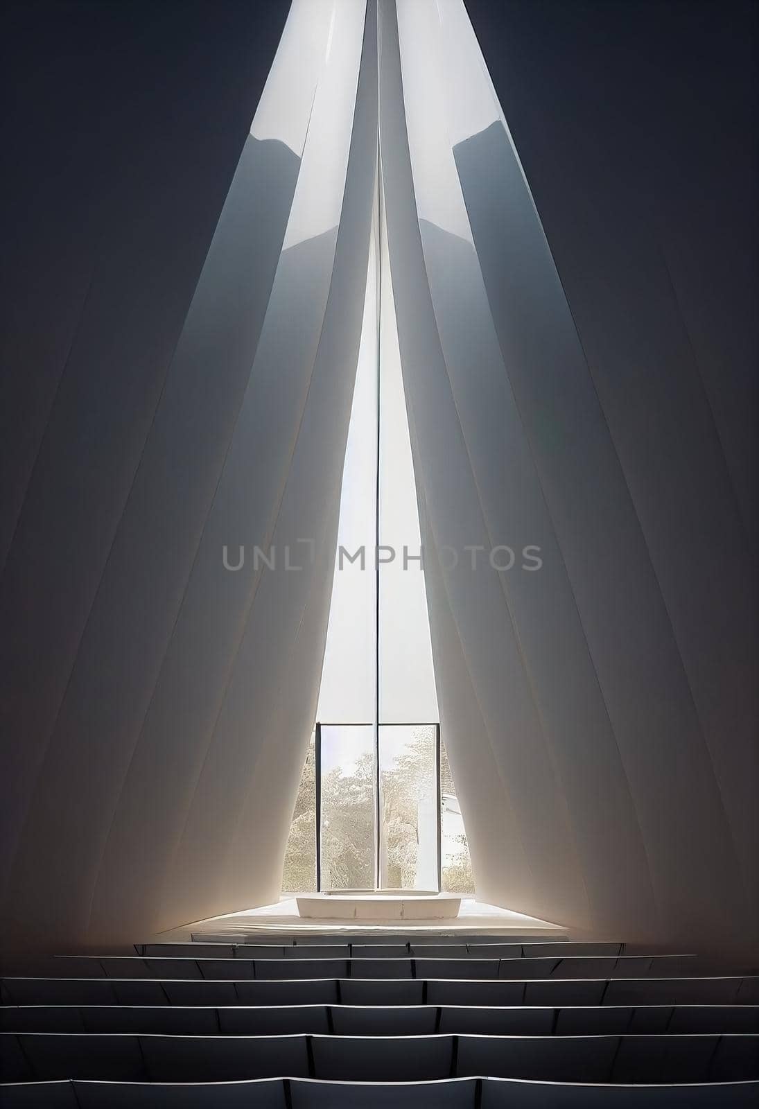 Interior shot of a modern contemporary futuristic chapel, 3d illustration