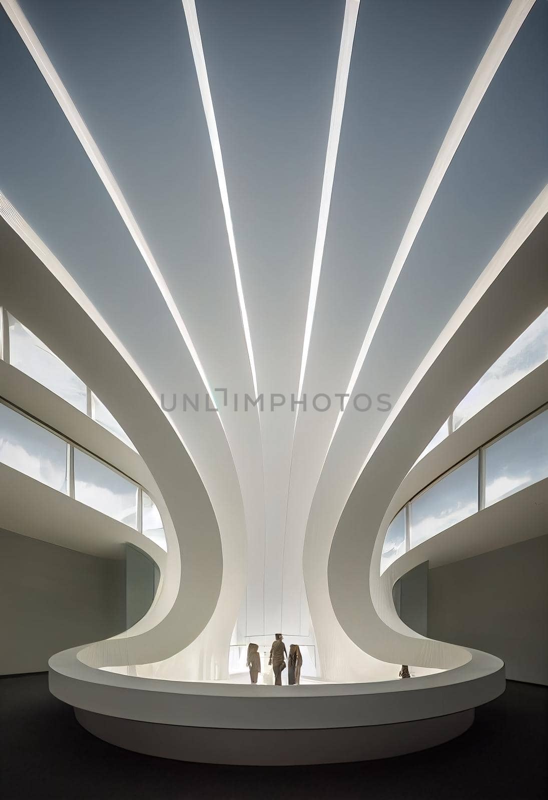 Interior shot of a modern contemporary futuristic chapel, 3d illustration