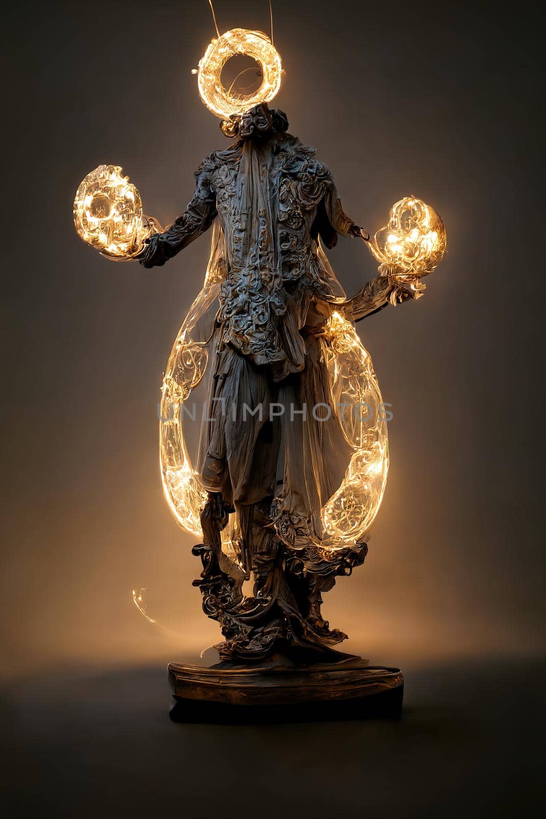 Abstract baroque sculpture of man of light,3d illustration