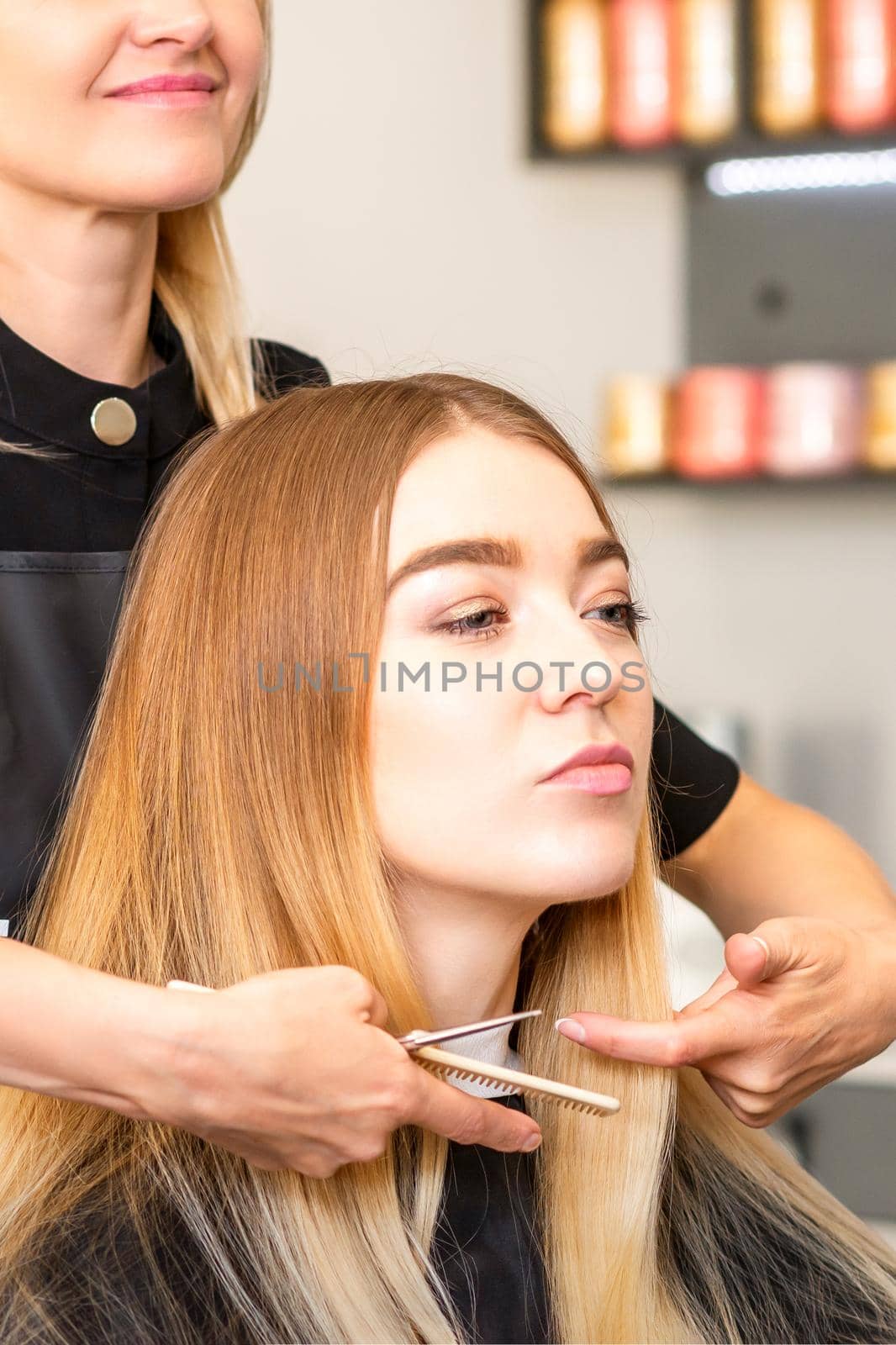 Beautiful young blonde woman with long straight blonde hair getting a haircut at the hairdresser salon. by okskukuruza