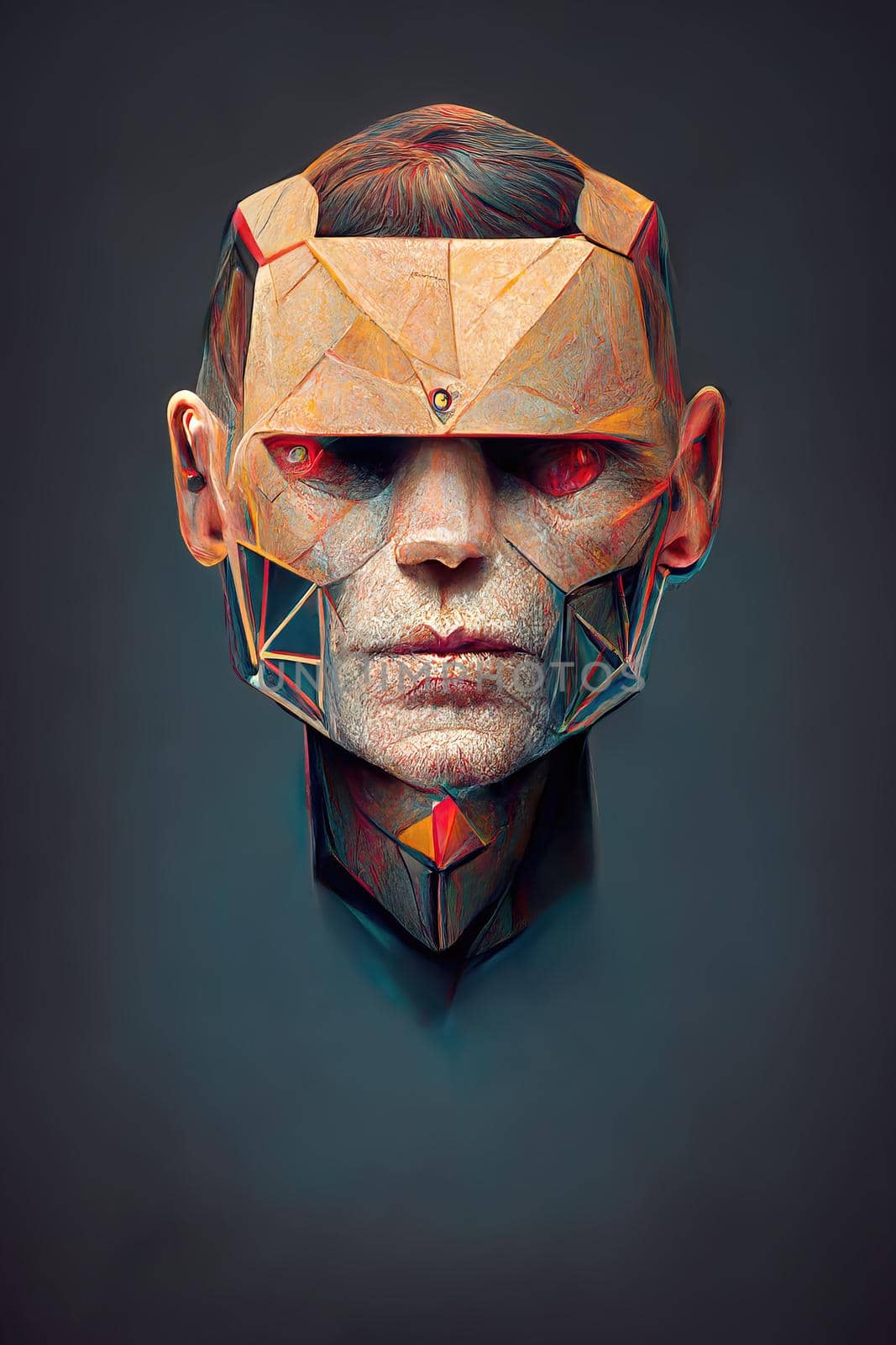 Polygonal human face into cyborg head, 3d illustration