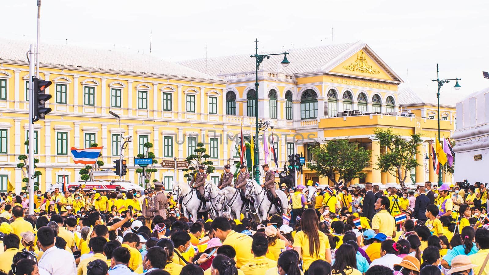 2020 November 01 Bangkok Thailand wearing yellow shirts rally in support of monarchy