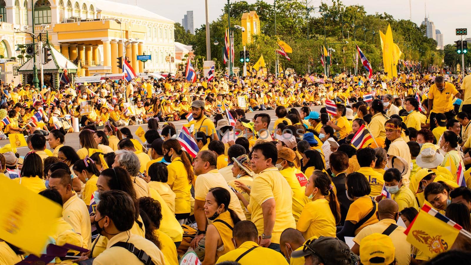 2020 November 01 Bangkok Thailand wearing yellow shirts rally in support of monarchy