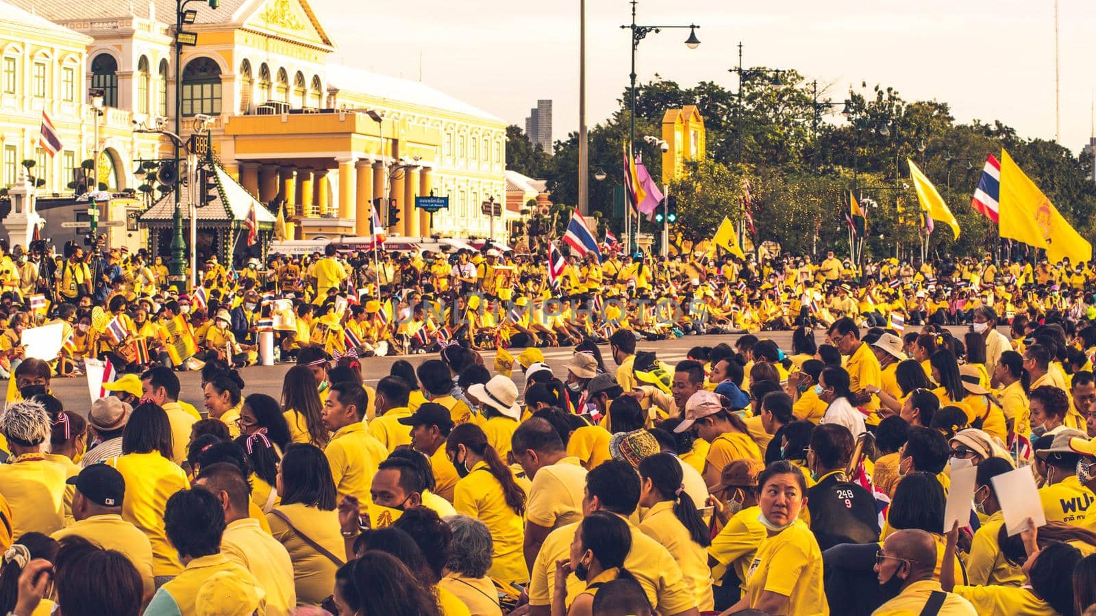 2020 November 01 Bangkok Thailand wearing yellow shirts rally in support of monarchy by Petrichor