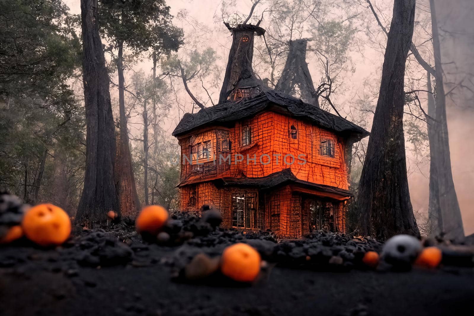 Black and orange house with Halloween theme, 3d illustration