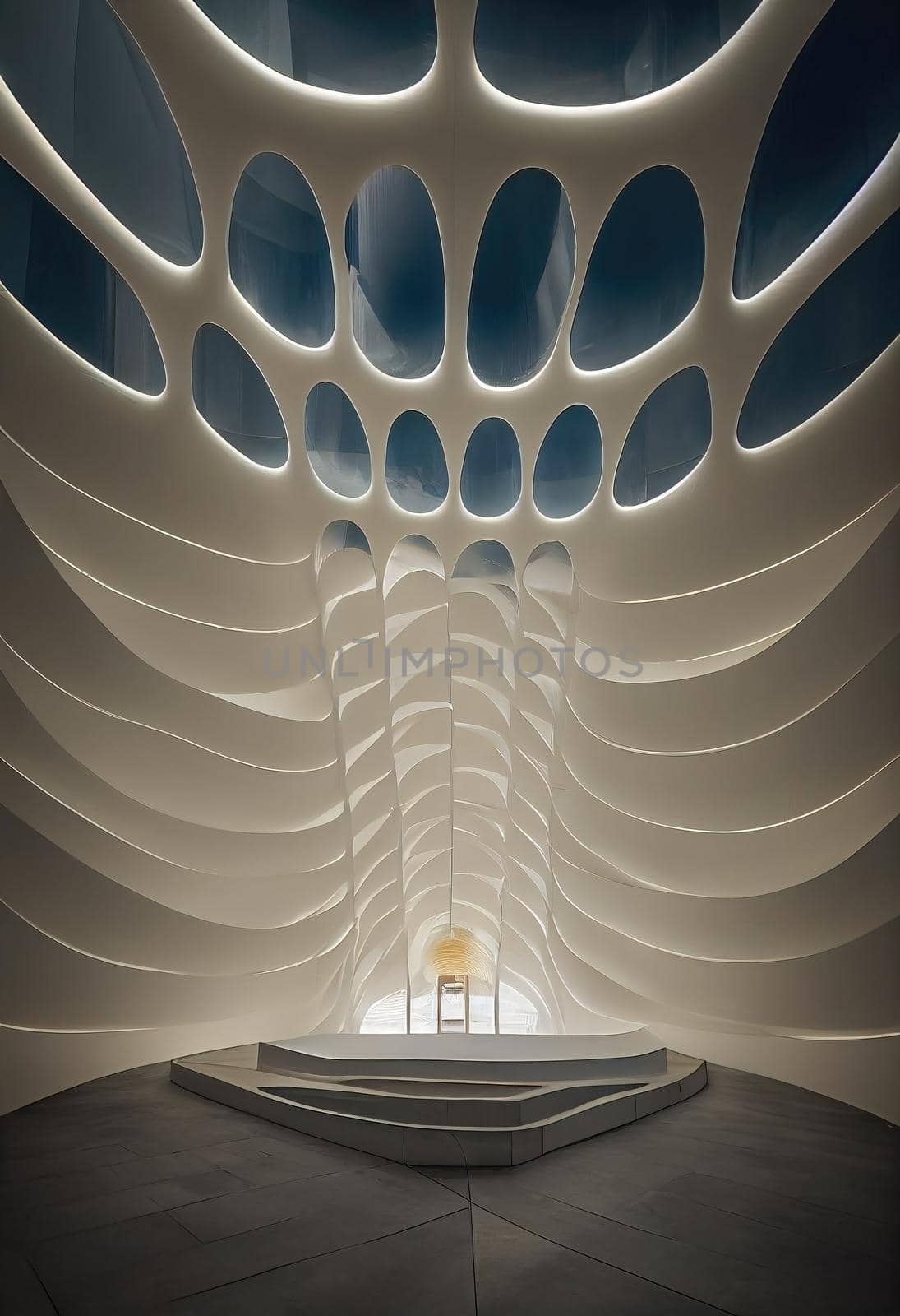 Interior shot of a modern contemporary futuristic chapel, 3d illustration