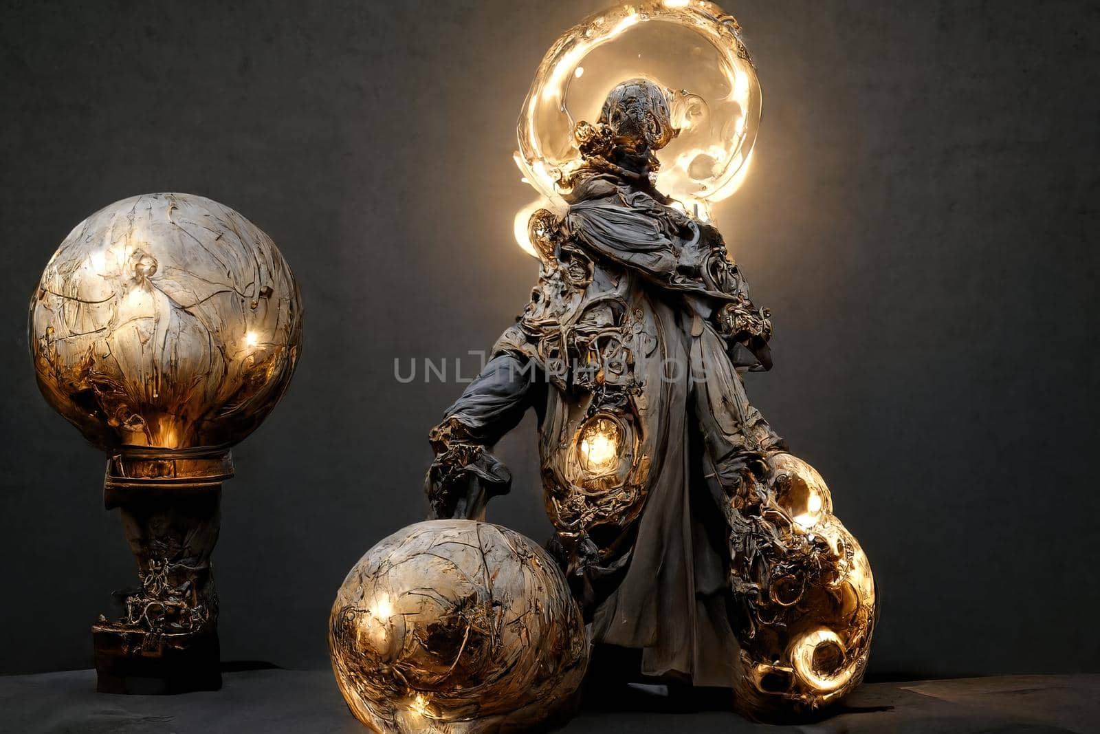 Abstract baroque sculpture of man of light,3d illustration